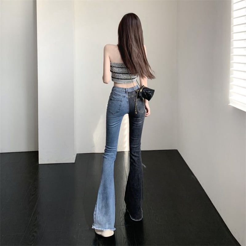 パッチワーク風 フレアジーンズ ジーパン ジーンズ ダメージ