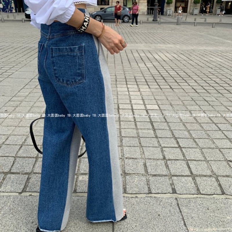 スラックスデニム 異素材 ドッキング デニムスウェットパンツ
