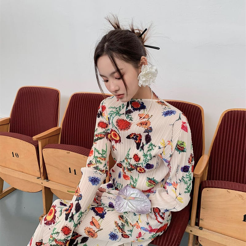 セットアップ】花柄 プリーツ 長袖トップス+プリーツスカート セットアップ】花柄 プリーツ 長袖トップス+プリーツスカート