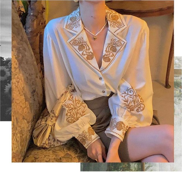 isn&#39;t she? ハーフスリーブ刺繍レトロブラウス 刺繍ブラウス パレス風 ランタンスリーブシャツ レトロ シルク