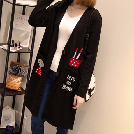 女性 黒 スリム 刺繍ロングコート A1874