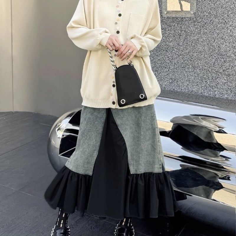 異素材ドッキングスリットロングデニムスカート 異素材MIX 異素材ドッキングスリットロングデニムスカート 異素材MIX
