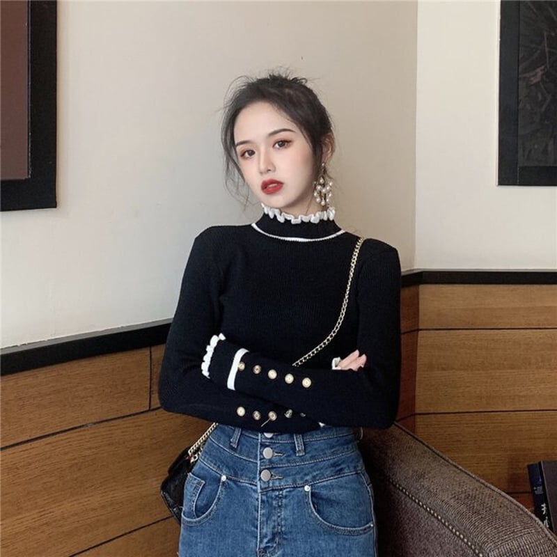 韓国 冬秋 ハーフタートルネック ボトリングシャツ 綺麗め 3色 ハーフタートルネックフリルボトミングニット トップス