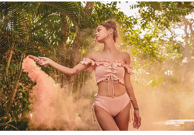 オフショルダービキニ フリル ビキニ 水着 レースアップ ブラック  