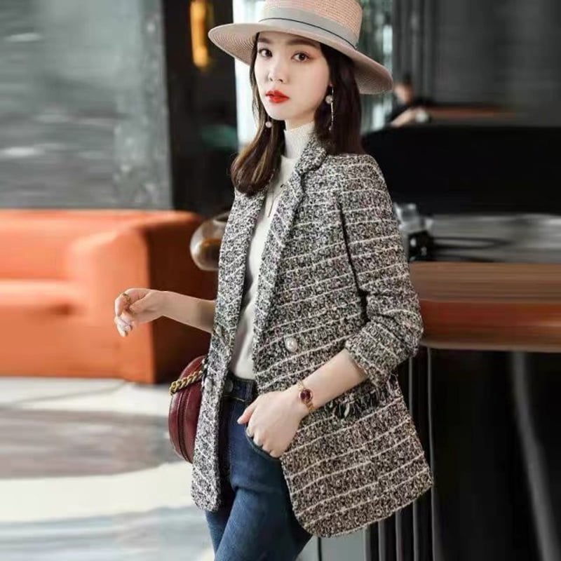 チェック柄ツイードジャケット スリム ウエスト カジュアル スーツ