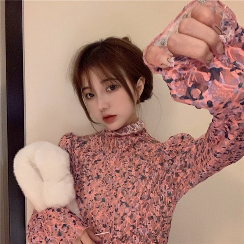 花柄シアーカットソー シアーハイネックカットソー 秋服 秋 冬服 冬
