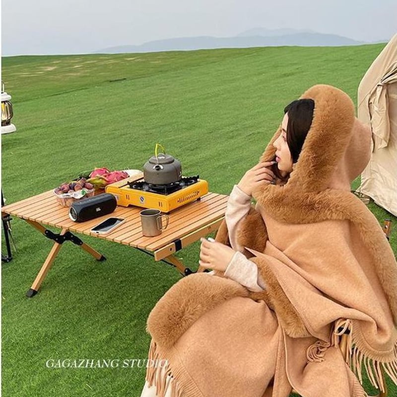 ファーフード付き ポンチョ ケープ ショーツ ふわふわ 暖かい アウター