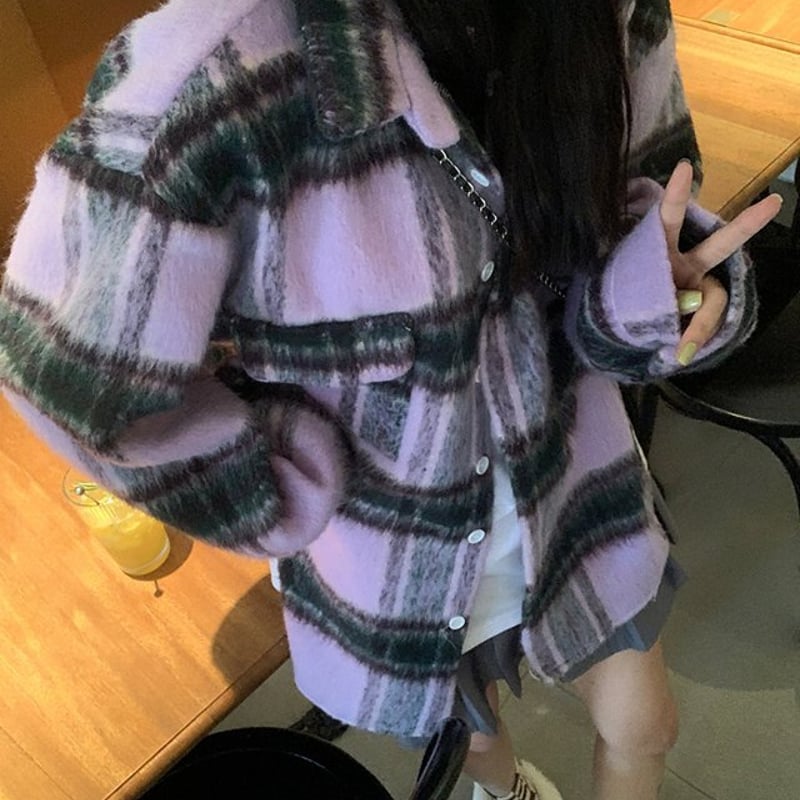 パープルチェック柄シャツジャケット ウールシャツ テーラード