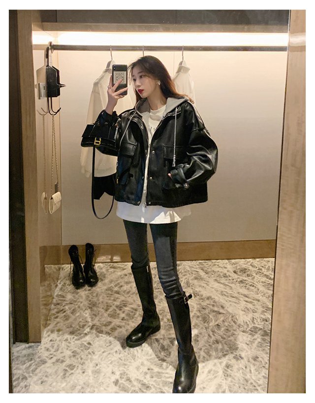 ベージュ レザー ジャケット フード付き 8024【ブラウン M】フード付きベージュレザージャケット - メルカリ