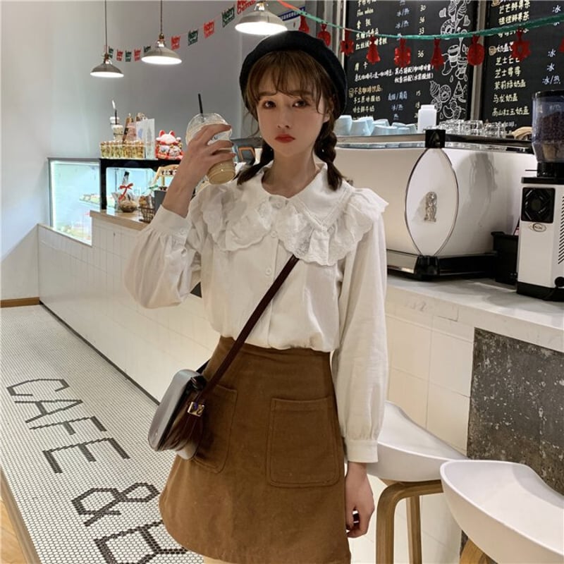 ワイドレース丸襟 ロリータブラウス キュートなスタイル 長袖 白