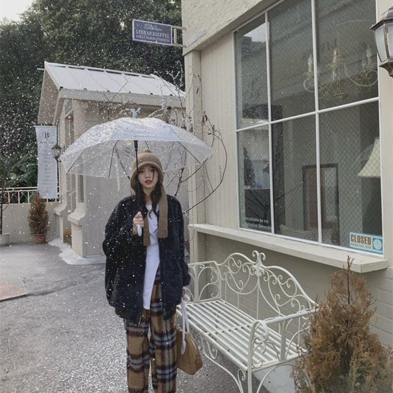 チェック柄ワイドパンツ ウールパンツ 柄パンツ ハイウエスト 美脚見え  