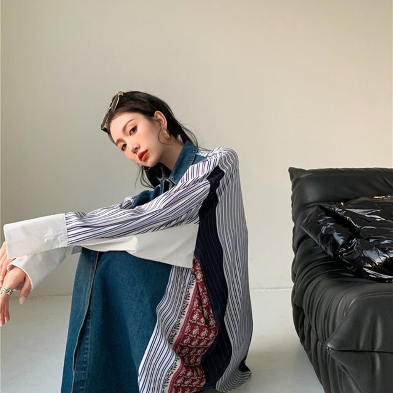 ◆美品◆1.2万◆エシンタ◆リメイクオーバーシャツ◆デニム◆ストライプ◆異素材 etsinta（エシンタ）の「【新色追加】【etsinta/エシンタ】リメイク