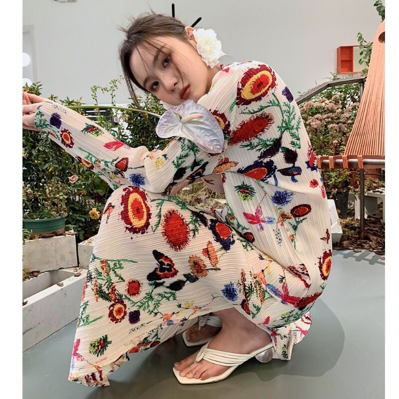 セットアップ】花柄 プリーツ 長袖トップス+プリーツスカート セットアップ】花柄 プリーツ 長袖トップス+プリーツスカート