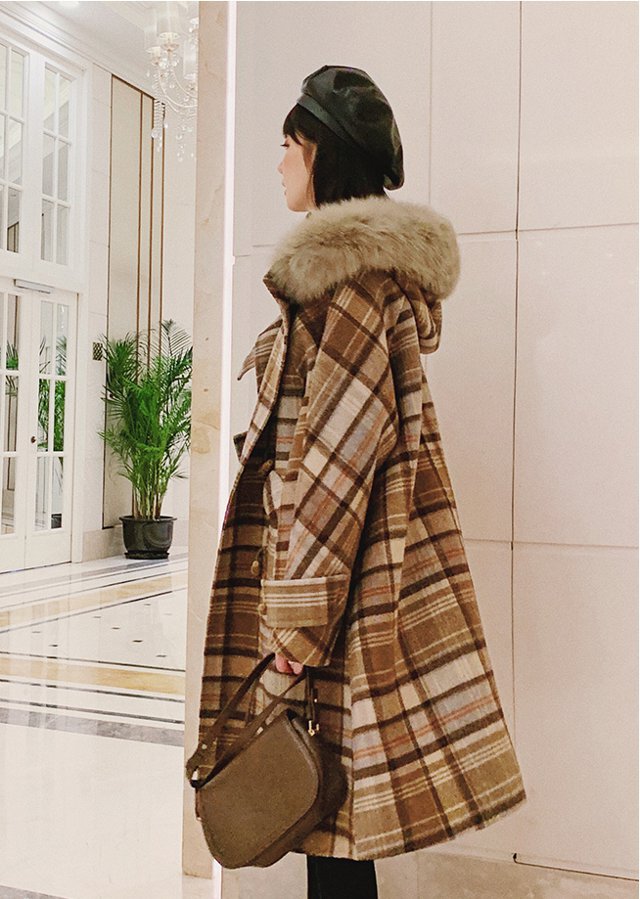 フード付き チェック柄 ウールコート ジャケット コート アウター 秋冬