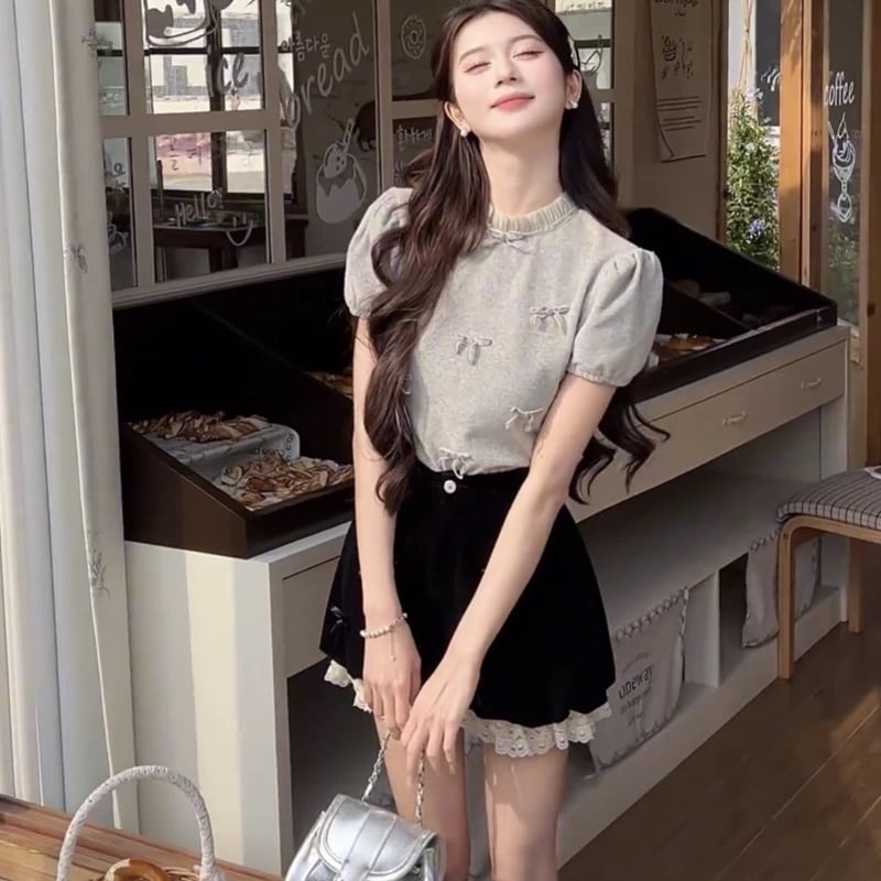 リボン半袖Tシャツ レースフリルネック 半袖ニット 半袖Tシャツ