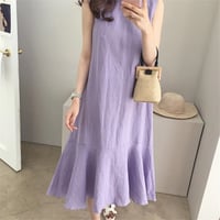 ワンピース レディース 夏 ノースリーブ ミモレ丈 フリル Aライン ロングワンピース  薄手 ゆったり きれいめ カジュアル リゾート 旅行 無地 大人 可愛い 20代 30代 C705