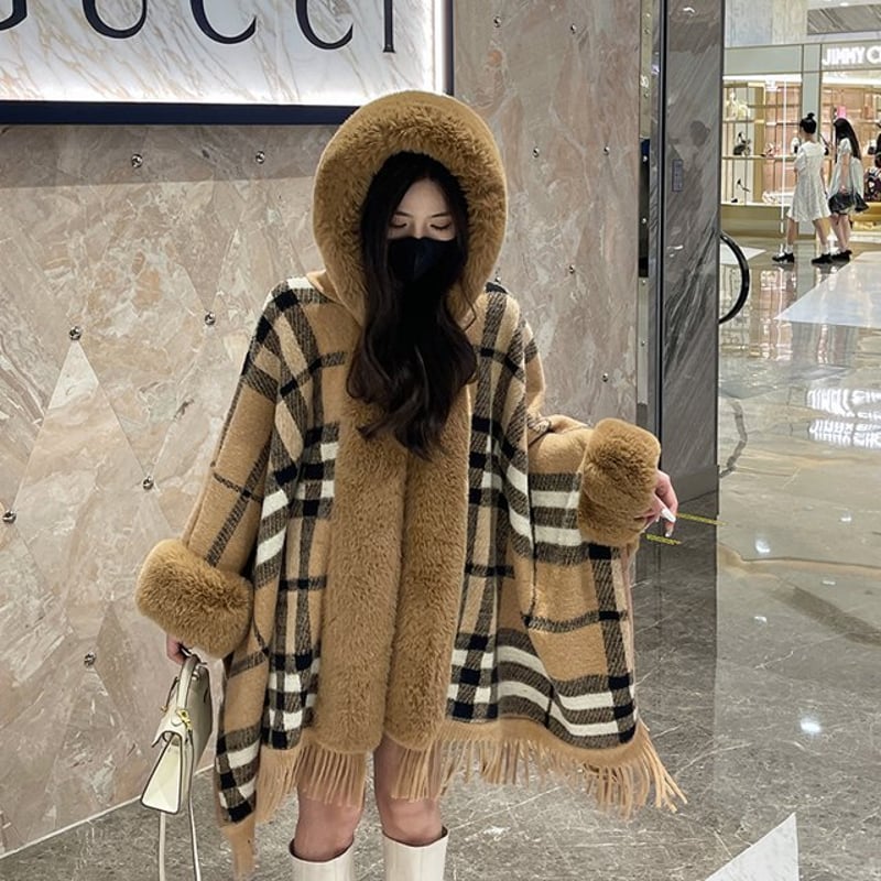 ファーフード付き ポンチョ ケープ ショーツ ふわふわ 暖かい アウター