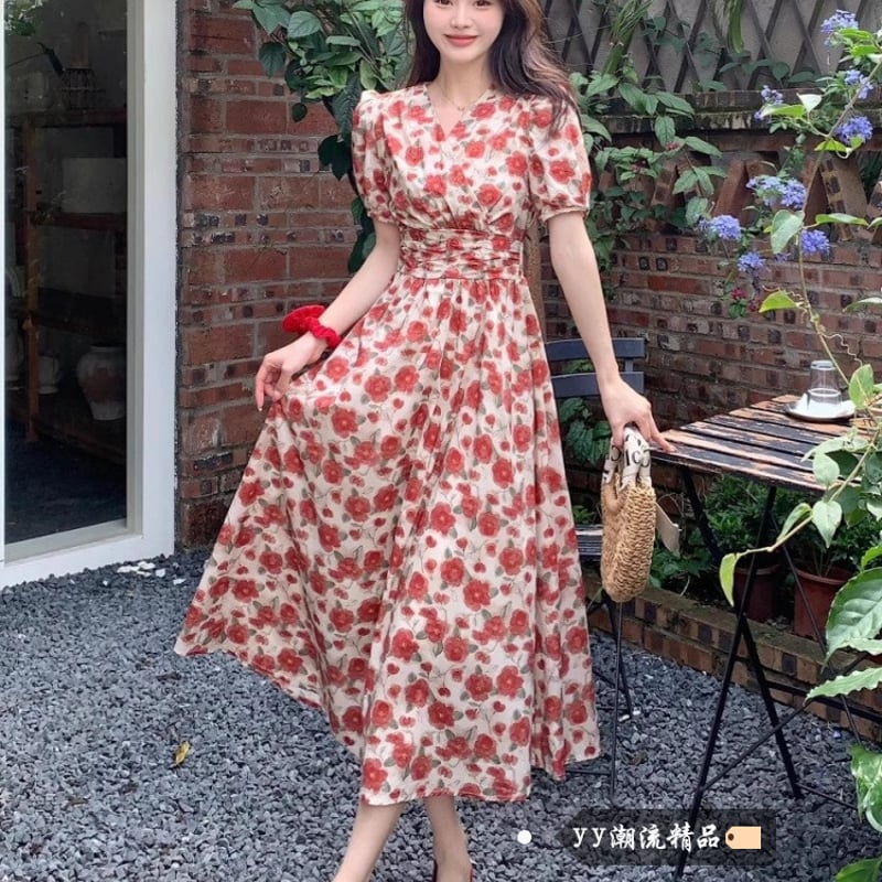 Vネック花柄ワンピース カシュクール 花柄ワンピース 半袖ワンピース V