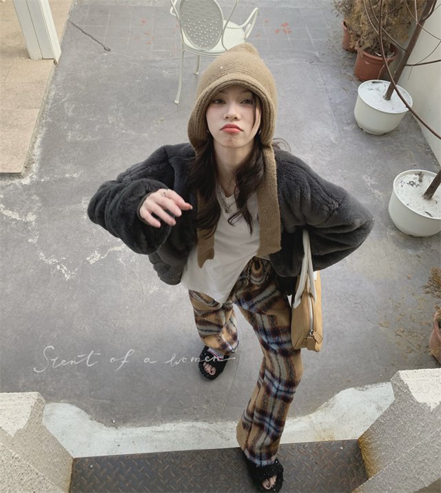 チェック柄ワイドパンツ ウールパンツ 柄パンツ ハイウエスト 美脚見え  