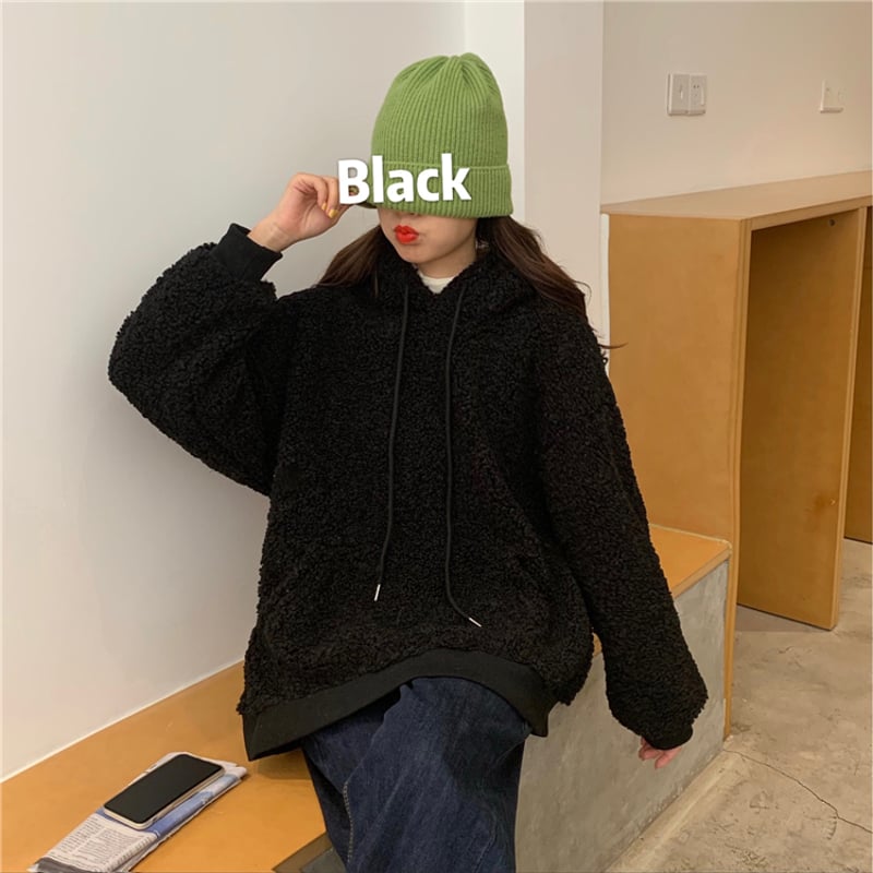 美品　45R あったかモコモコフードパーカー もこもこあったか プルオーバー ボア パーカー ファー フード