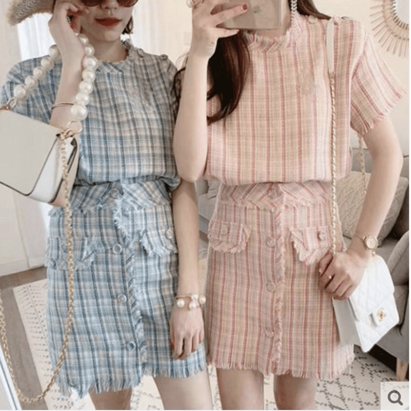 セットアップ】ツイードチェック柄 トップ+ハイウエストフリンジ  