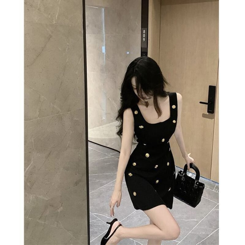 ブラック ノースリーブ ミニワンピース Luluana クルーネックノースリーブミニワンピース - Black
