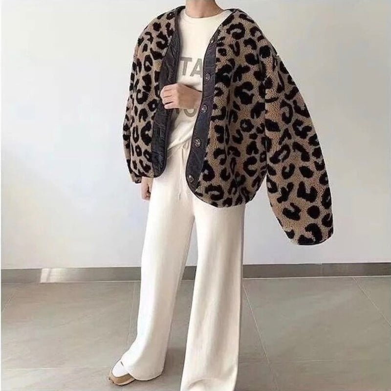 即納】レディース レオパード ヒョウ柄 ボアジャケット もこもこ 防寒