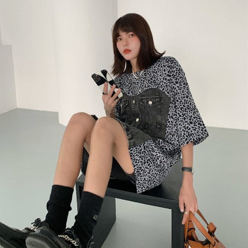 日本未発売】ヒョウ柄Tシャツ ステッチデニム 異素材MIX ワンピース