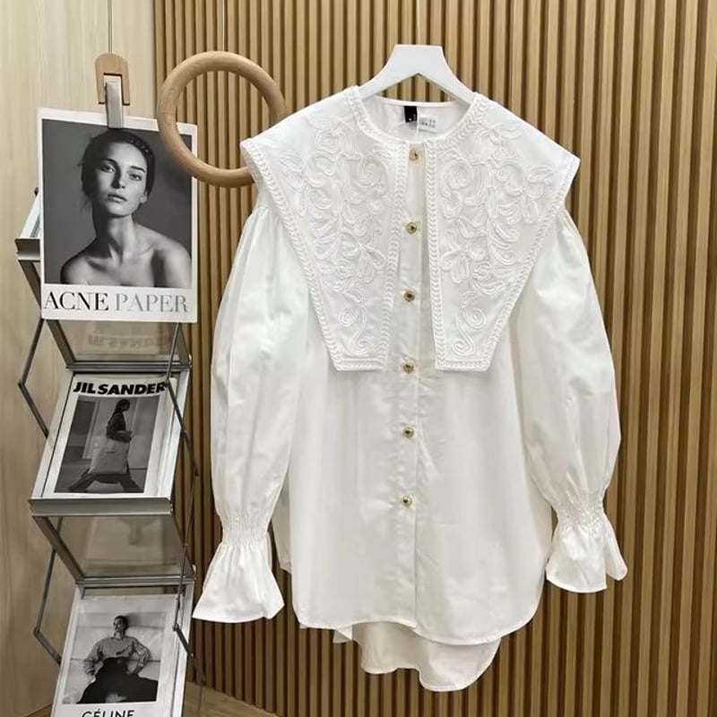 BIGカラー刺繍シャツ ブラウス 長袖 シャツ チュニック. トップス
