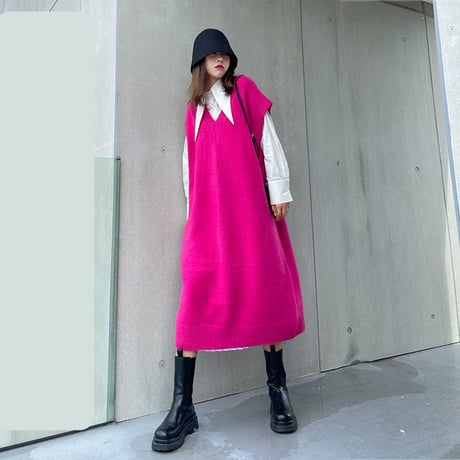 【日本未発売】ニットワンピース セータースカート Vネックベストスカート ニットドレス a256