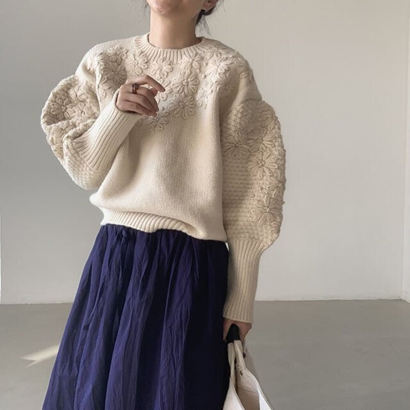 立体刺繍フラワーニットセーター 花刺繍 ニット セーター 長袖 立体刺繍フラワーニットセーター 花刺繍 ニット セーター 長袖