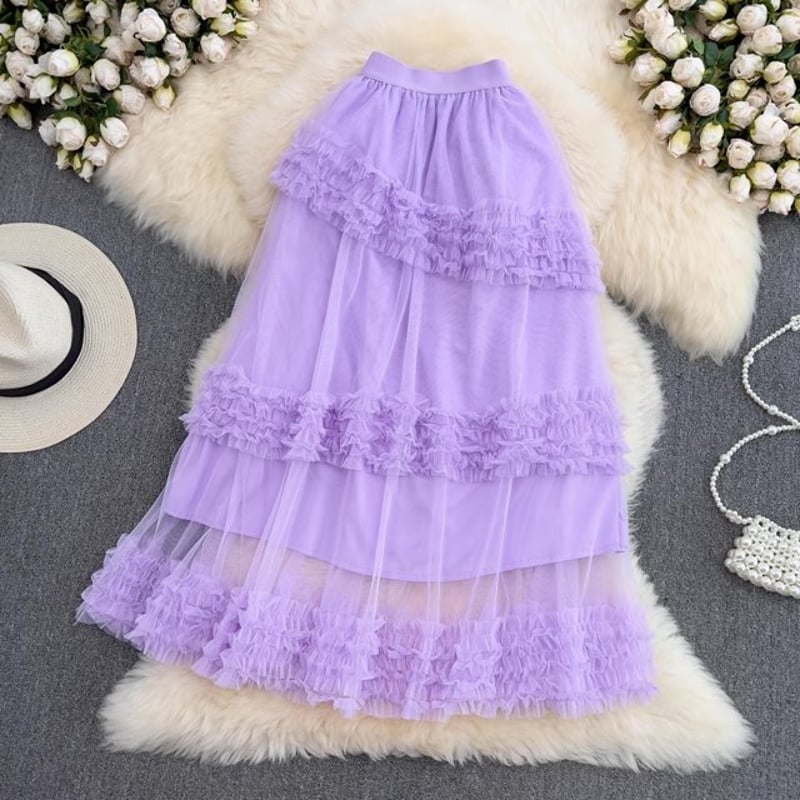 シアーフリルレイヤードボリュームチュールスカート ボリュームフリル