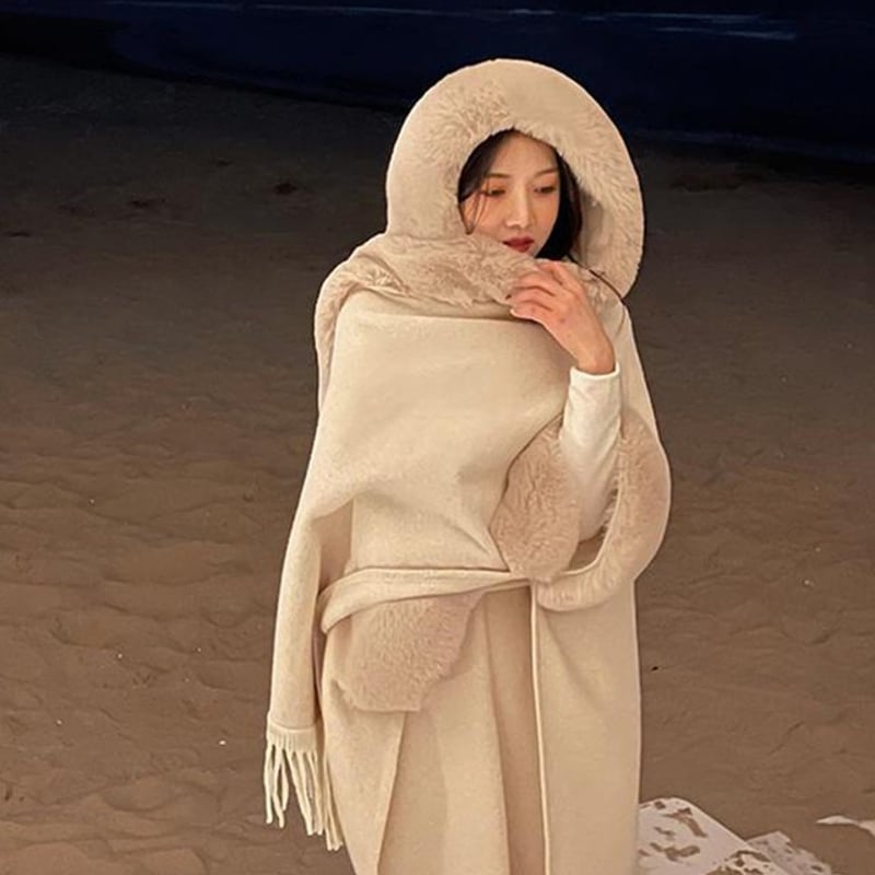 ファーフード付き ポンチョ ケープ ショーツ ふわふわ 暖かい アウター