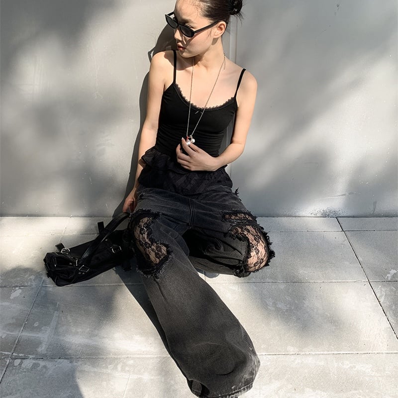 希少モデル✨CHANEL ランウェイモデル　ブラック　デニム　ダメージジーンズ レースダメージブラックデニム レースステッチワイドダメージジーンズ