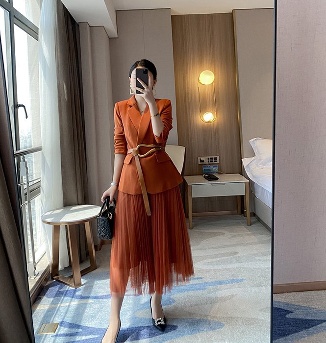 セットアップ】ジャケット＋フレアスカート ベルトファッション  