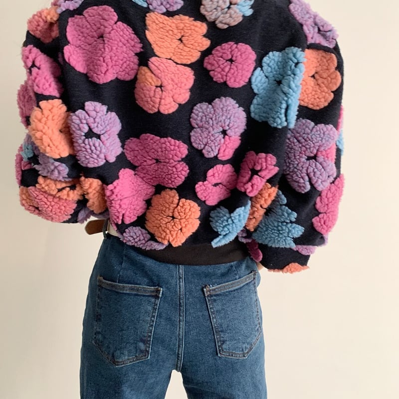 立体フラワーボアニットカーディガン ニットカーディガン カーディガン