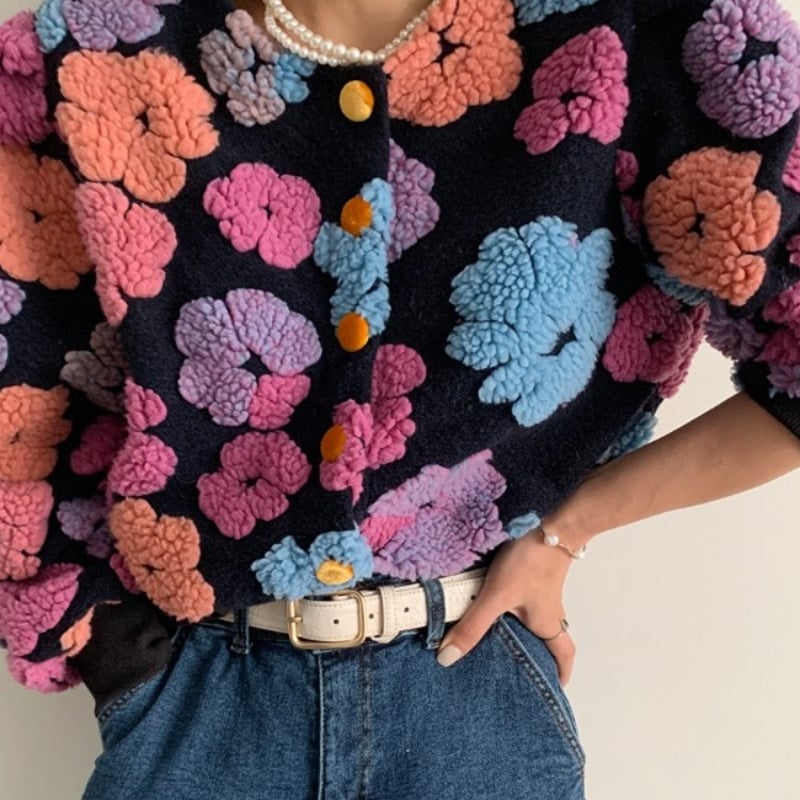 立体フラワーボアニットカーディガン ニットカーディガン カーディガン