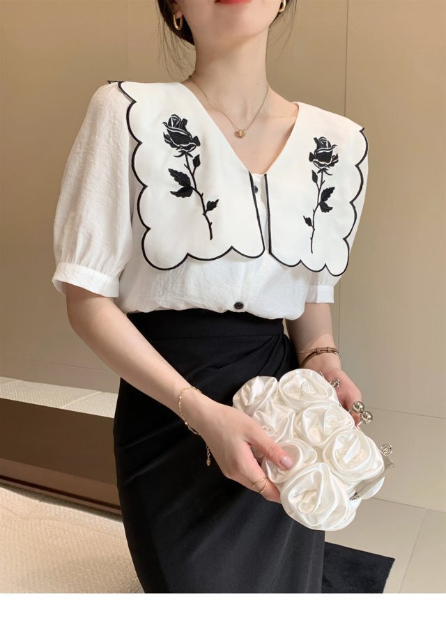 花柄刺繍 半袖シャツ ブラウス シャツ. 半袖. レディース トップス 花 