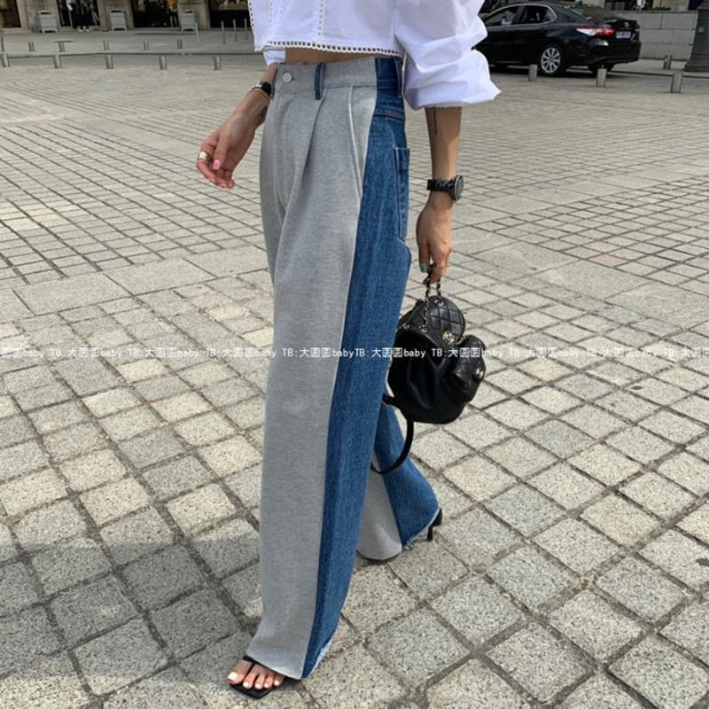 スラックスデニム 異素材 ドッキング デニムスウェットパンツ