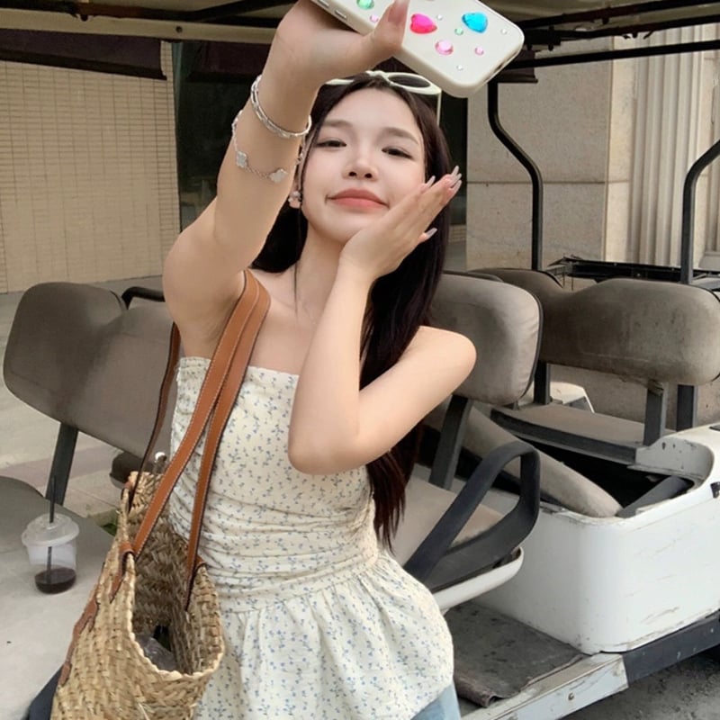 花柄チューブトップ ペプラムトップス ペプラム レディース トップス