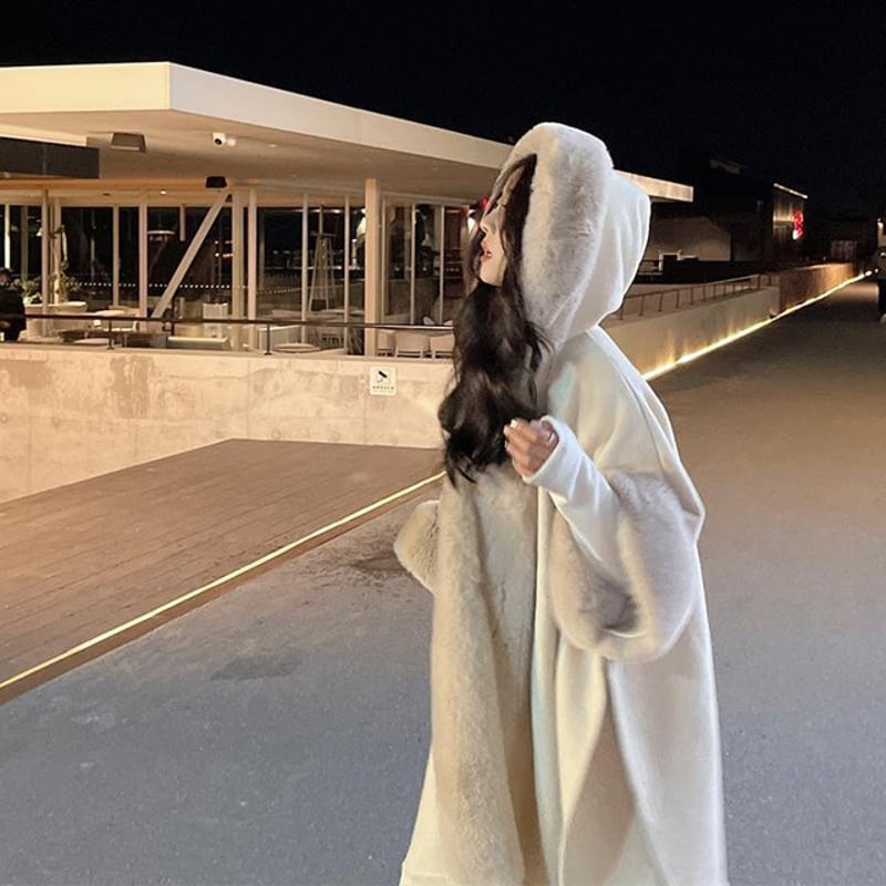 ファーフード付き ポンチョ ケープ ショーツ ふわふわ 暖かい アウター