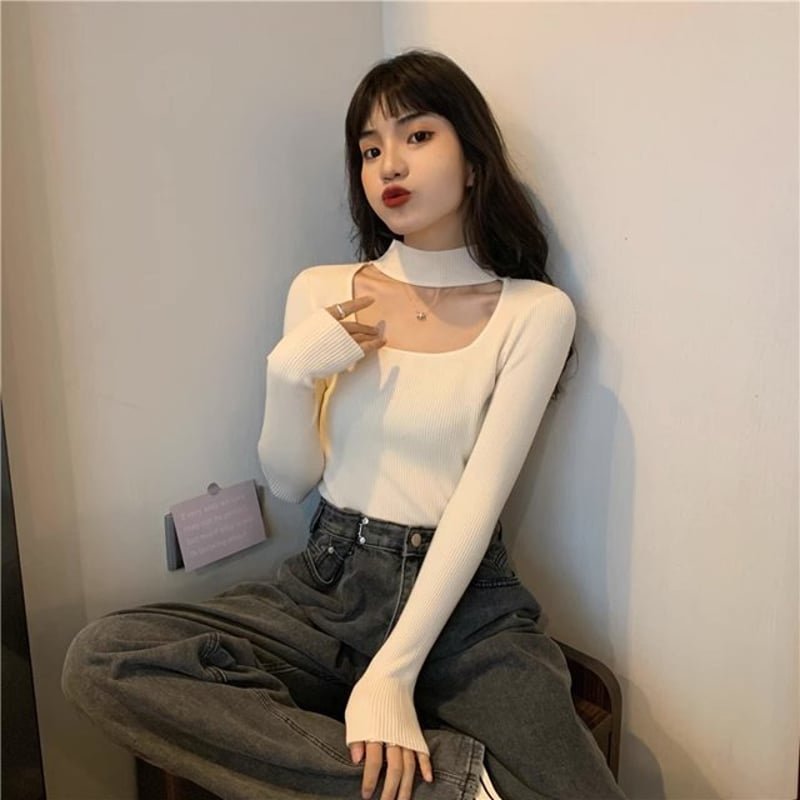 ノーブル チョーカーリブニットトップス 黒 セール】チョーカー風