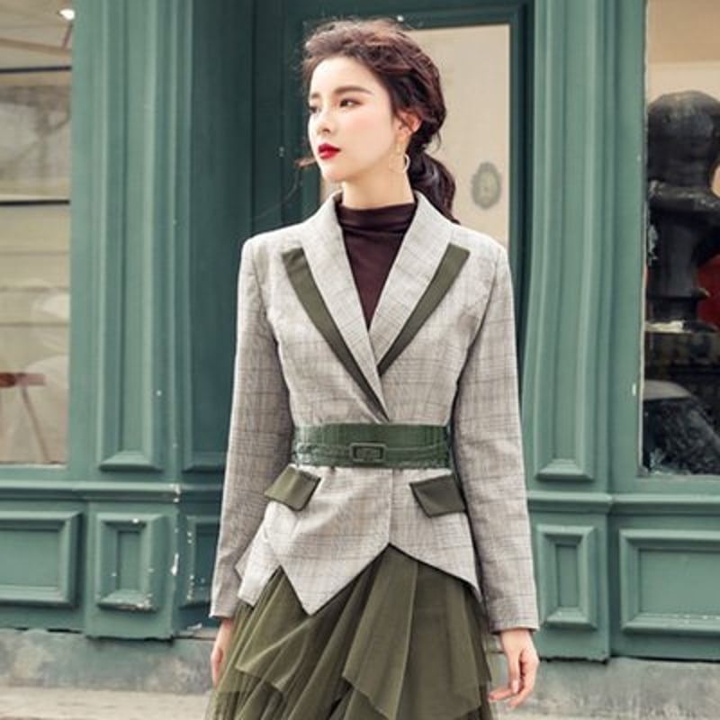 セットアップ】チェック柄ブレザー＋シフォンスカート ツーピース