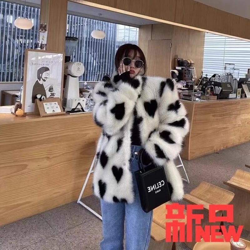 ハート柄 エコファーコート フェイクファーコー ファーコート 毛皮