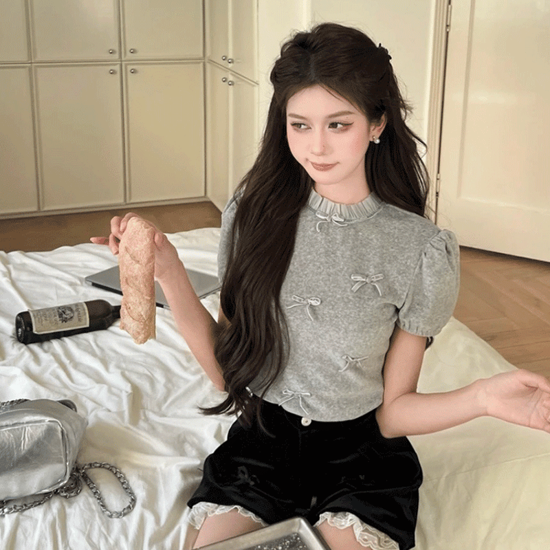 リボン半袖Tシャツ レースフリルネック 半袖ニット 半袖Tシャツ