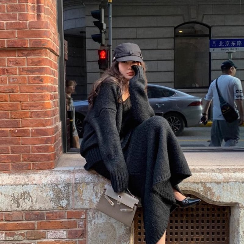 セットアップ】Vネックニット＋ニットスカート ニットアップ set up