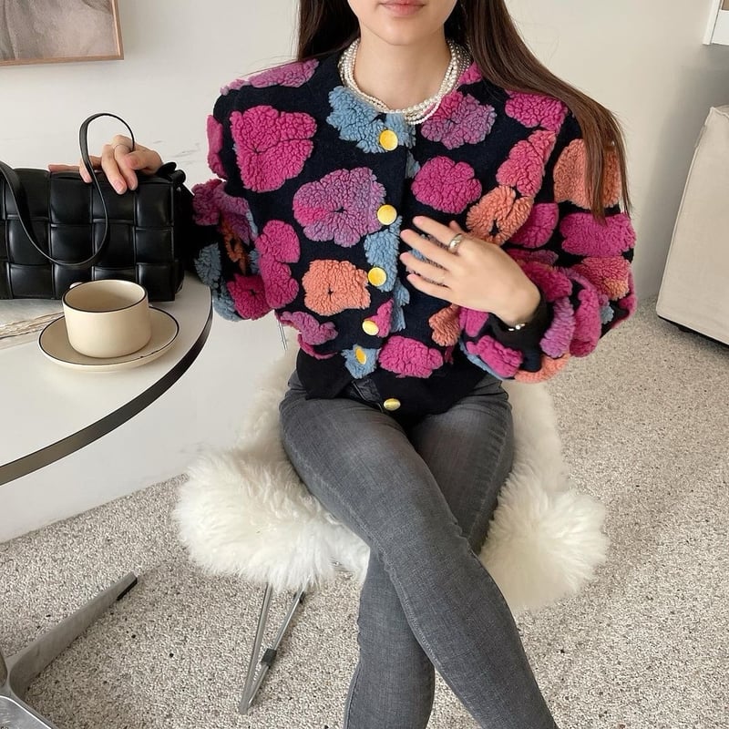 立体フラワーボアニットカーディガン ニットカーディガン カーディガン