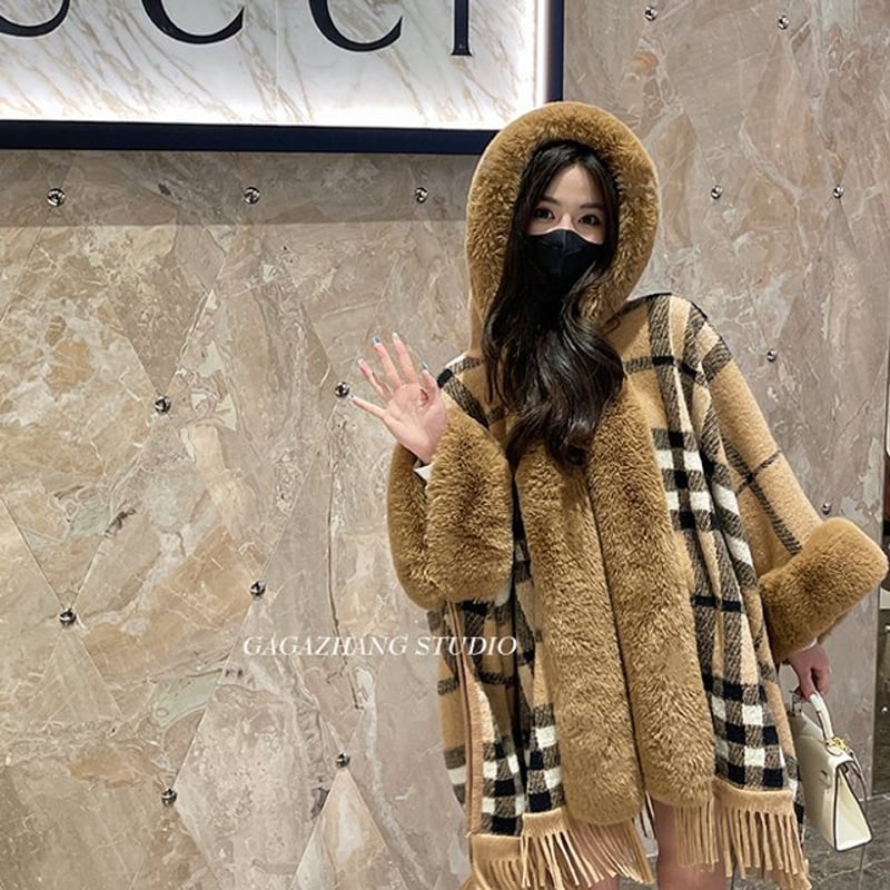 ファーフード付き ポンチョ ケープ ショーツ ふわふわ 暖かい アウター