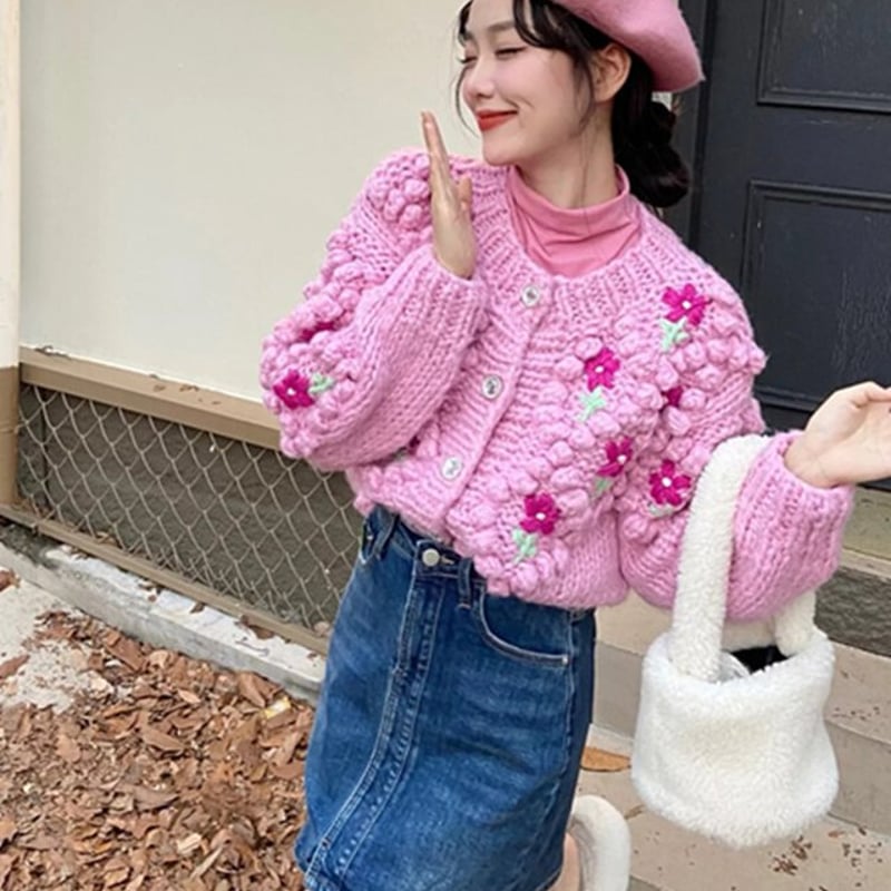 立体刺繍フラワーニットカーディガン セーター カーディガン 立体刺繍フラワーニットカーディガン セーター カーディガン