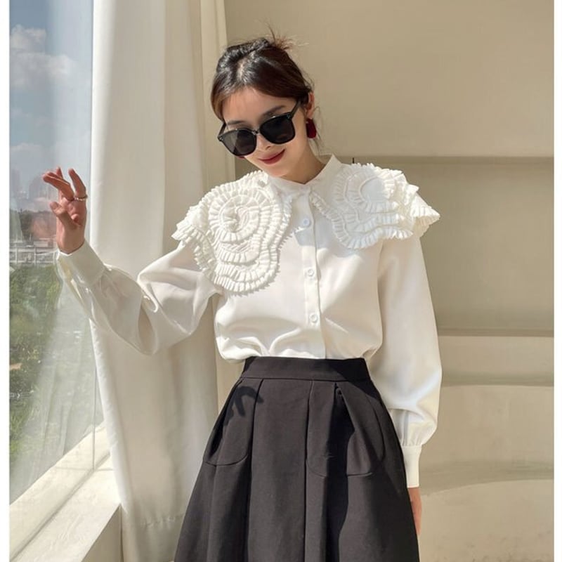 BEARDSLEY フリル襟ブラウス ホワイト　長袖ブラウス　ブラウス　シャツ BEARDSLEY ロングフリンジ 長袖シャツ ブラウス フリー ホワイト